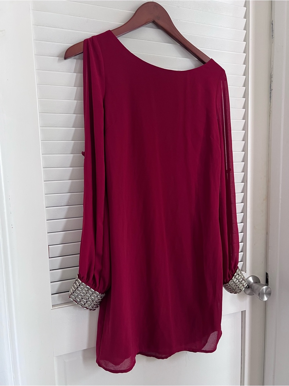 Francesca's Collections One-Shoulder Long Sleeve Dress in Berry Red